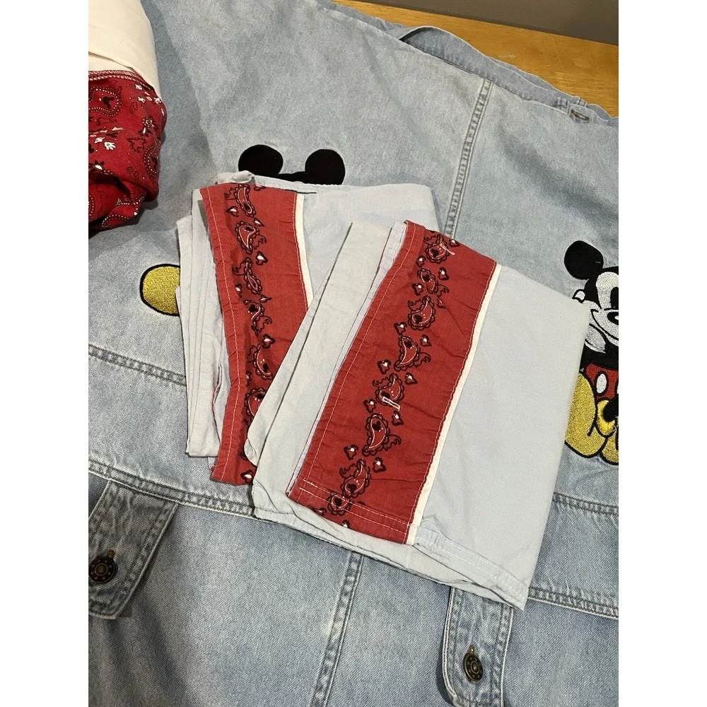 VTG Disney Store Mickey Mouse Denim‎ Duvet Cover Queen Embroidered Shams Skirt